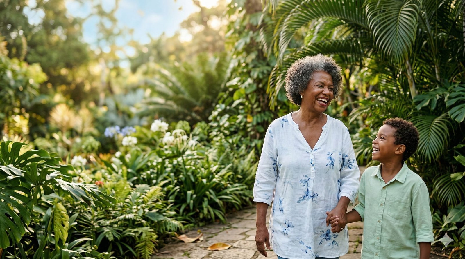 Pessoa idosa caminhando sorrindo em uma cena leve ao ar livre